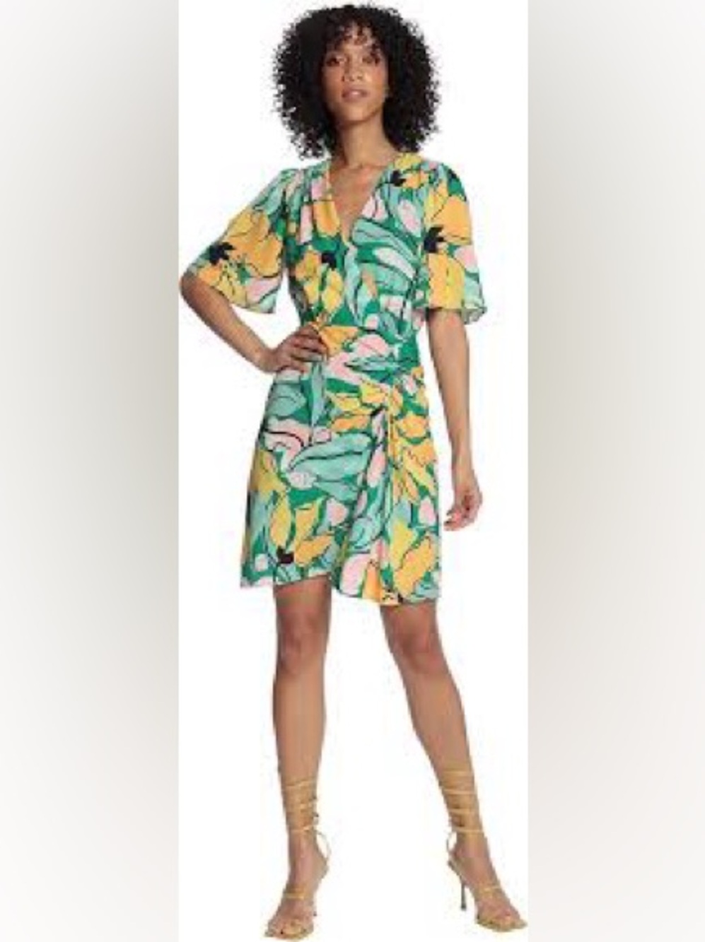 Maggy London Women’s Cornelia Floral Mini Dress Size 6 V-neck Ruching Green